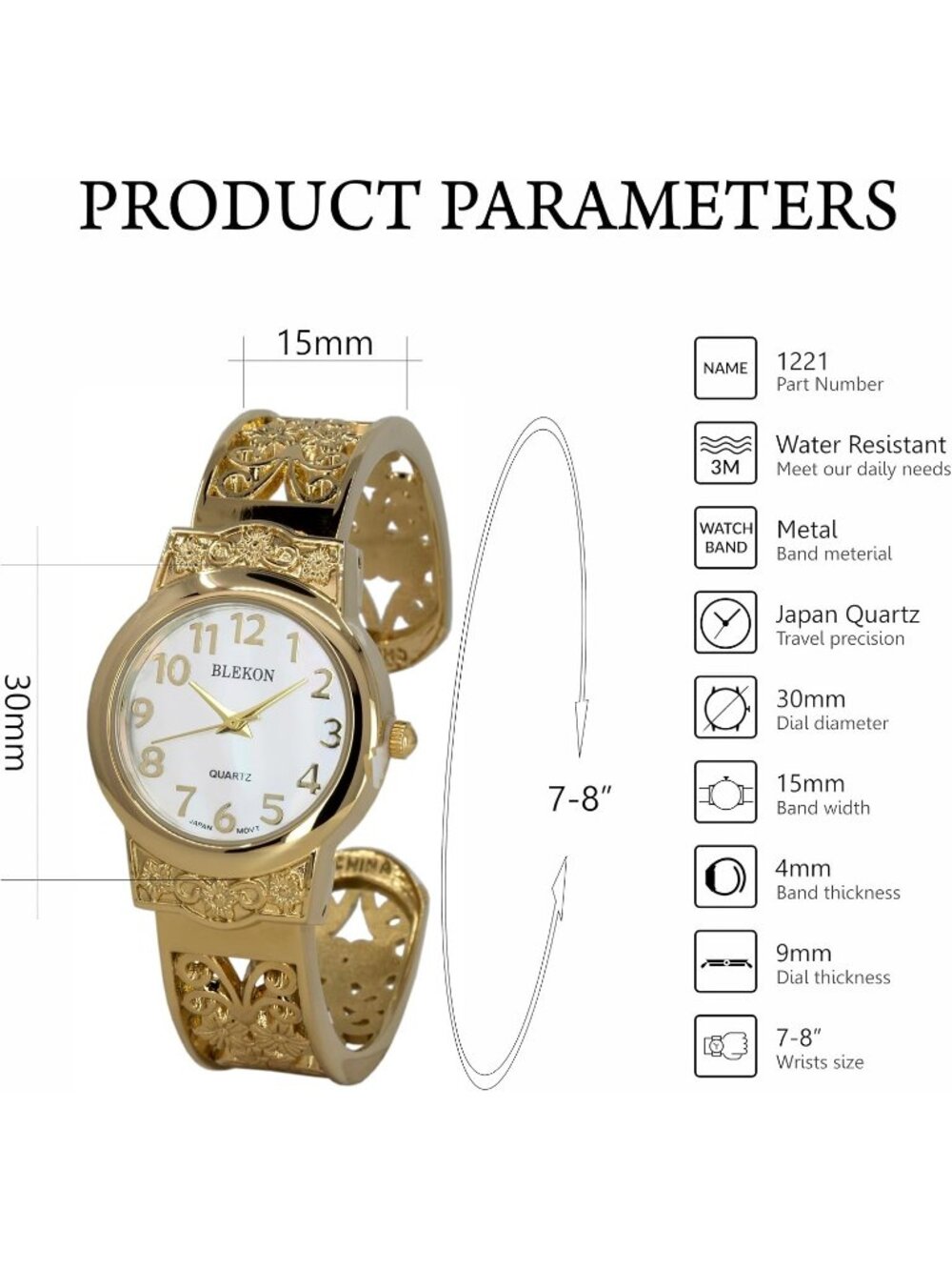 Women's Gold Japanese Quart 28mm Case Elegantly Designed Cuff Bangle Watch - Picture 2 of 6